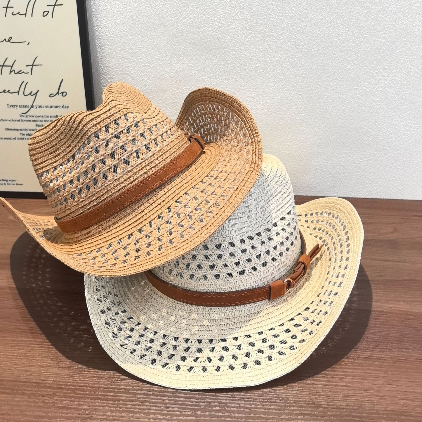 Original Design Solid Color Straw Hat For Adults With Wide Brim, Breathable Hollow Out Craft
