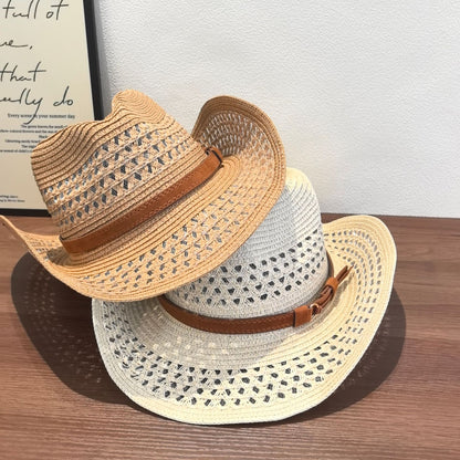 Original Design Solid Color Straw Hat For Adults With Wide Brim, Breathable Hollow Out Craft