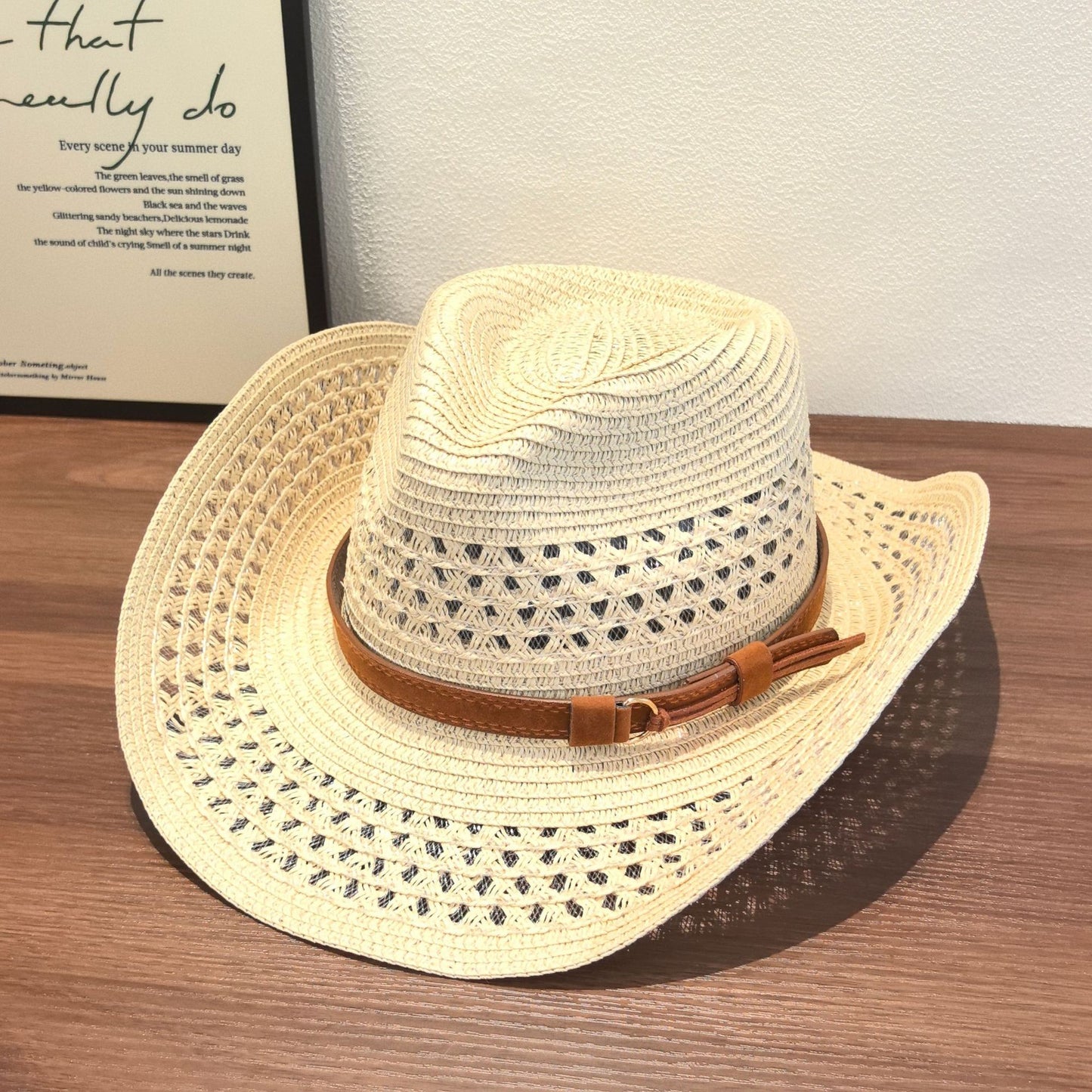 Original Design Solid Color Straw Hat For Adults With Wide Brim, Breathable Hollow Out Craft