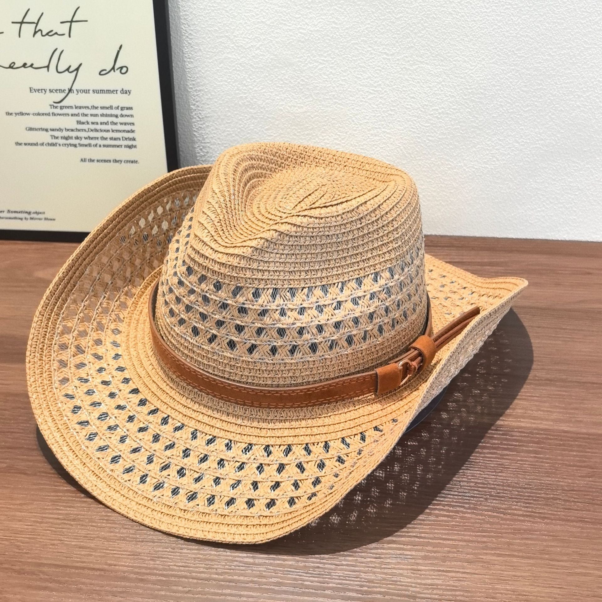 Original Design Solid Color Straw Hat For Adults With Wide Brim, Breathable Hollow Out Craft