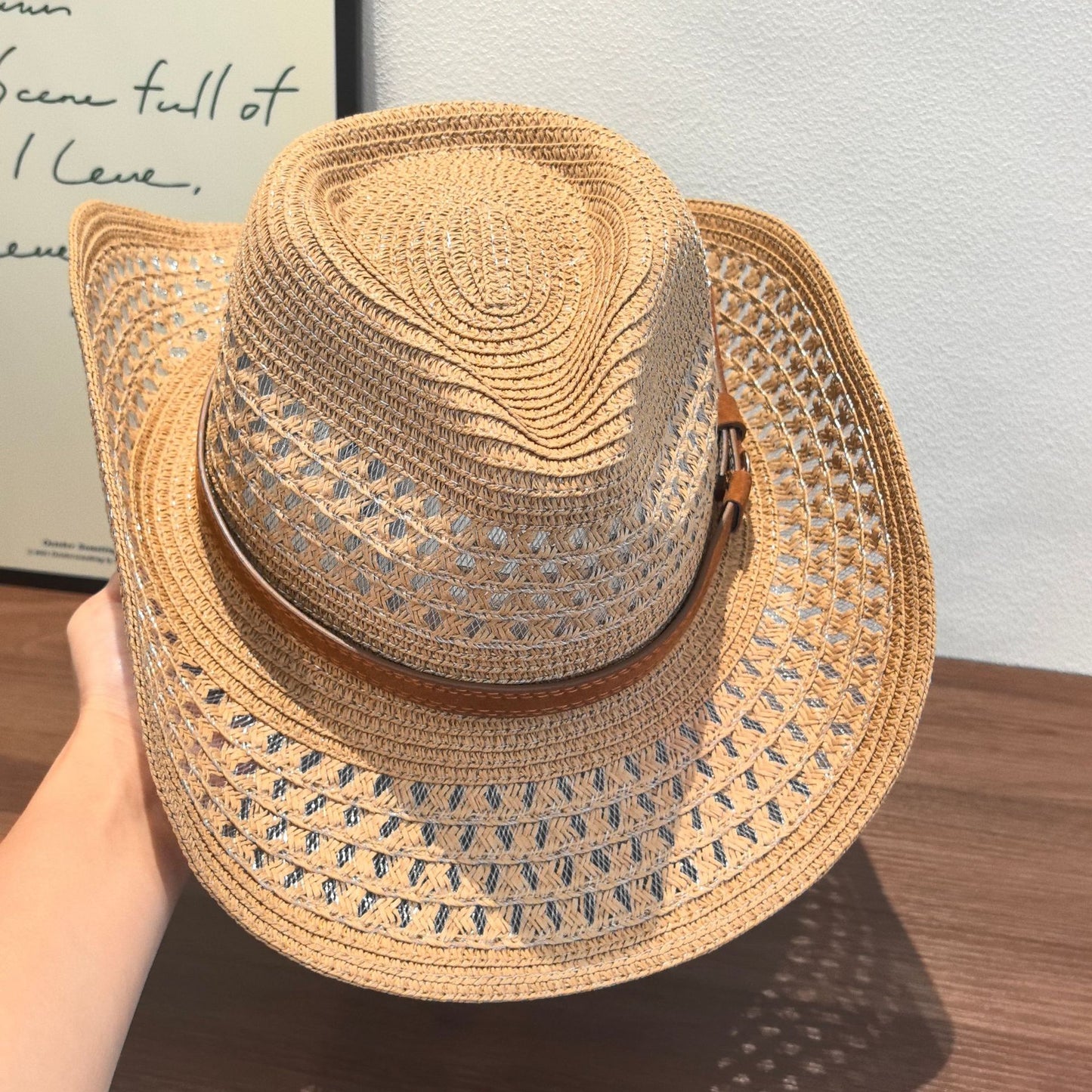 Original Design Solid Color Straw Hat For Adults With Wide Brim, Breathable Hollow Out Craft