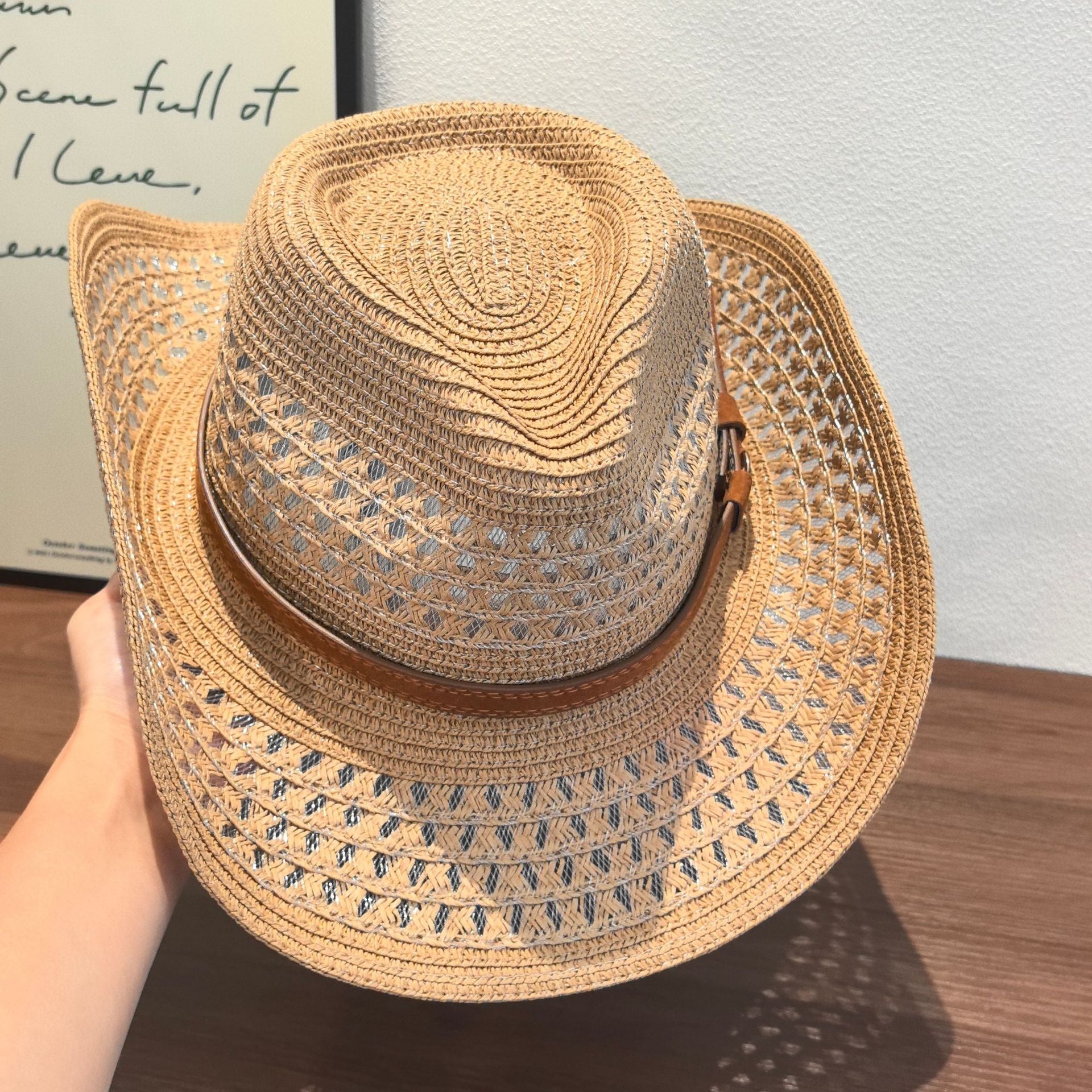 Original Design Solid Color Straw Hat For Adults With Wide Brim, Breathable Hollow Out Craft