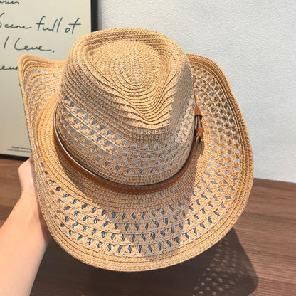 Original Design Solid Color Straw Hat For Adults With Wide Brim, Breathable Hollow Out Craft