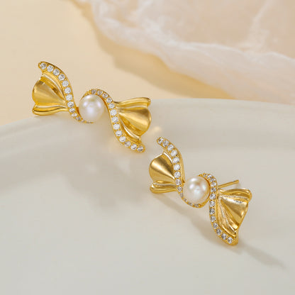 Women’s Freshwater Pearl Stud Earrings With Natural White 5-6mm Button Pearls And Copper Bow Tie Design