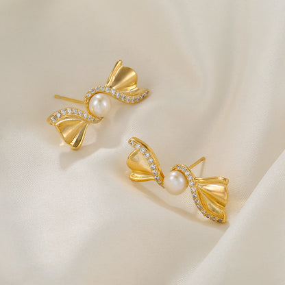 Women’s Freshwater Pearl Stud Earrings With Natural White 5-6mm Button Pearls And Copper Bow Tie Design
