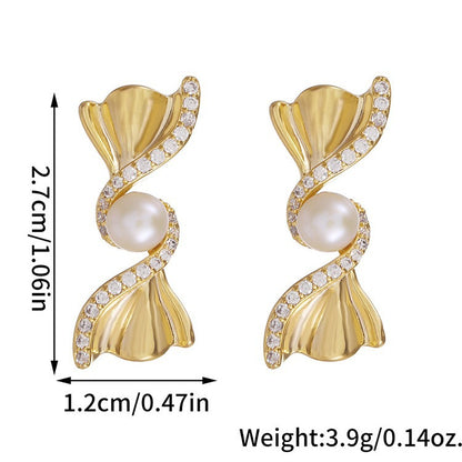 Women’s Freshwater Pearl Stud Earrings With Natural White 5-6mm Button Pearls And Copper Bow Tie Design