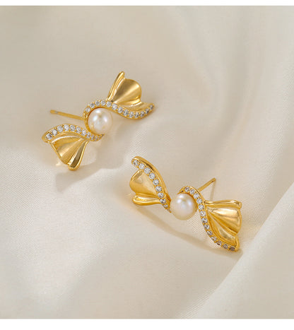 Women’s Freshwater Pearl Stud Earrings With Natural White 5-6mm Button Pearls And Copper Bow Tie Design