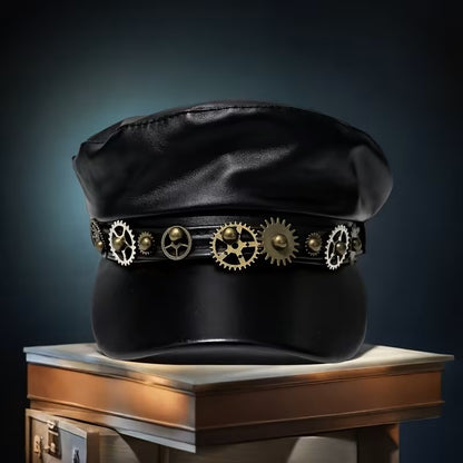 Punk Boater Hat With Short Brim, Handmade PU Leather Gear Featuring UV Protection For Adults