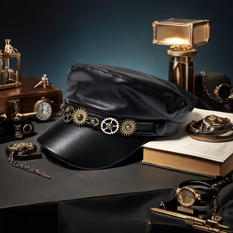 Punk Boater Hat With Short Brim, Handmade PU Leather Gear Featuring UV Protection For Adults