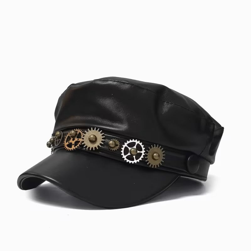 Punk Boater Hat With Short Brim, Handmade PU Leather Gear Featuring UV Protection For Adults