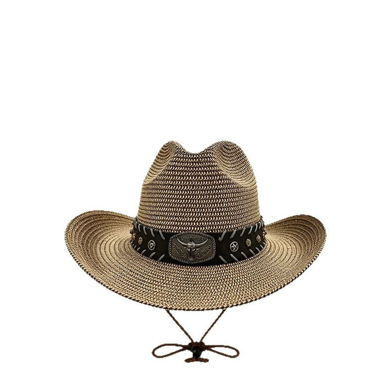 Men's Cowboy Style Solid Color Straw Hat With Wide Brim, UV Protection Featuring Braid Craftsmanship