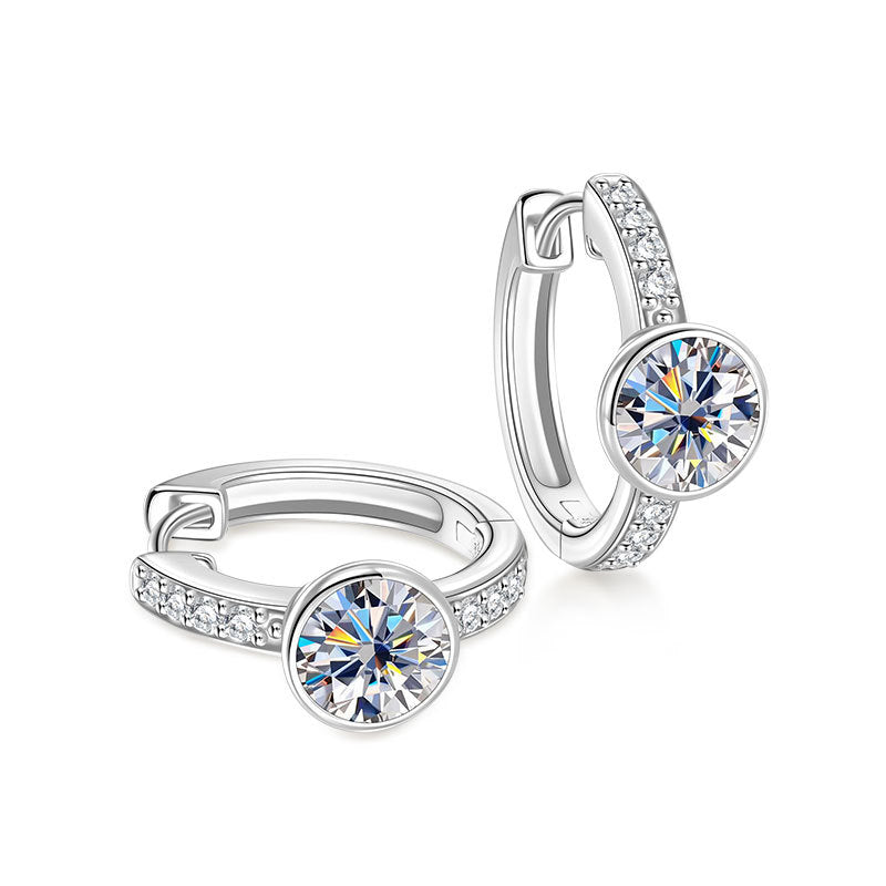 Round Unisex Earrings In 925 Sterling Silver With Moissanite Inlay, Featuring Electroplated Finish And 925 Sterling Silver Posts