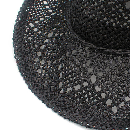 French Style Solid Color Wide Brim Straw Hat For Women With UV Protection, Made Of Paper With Braid Craft