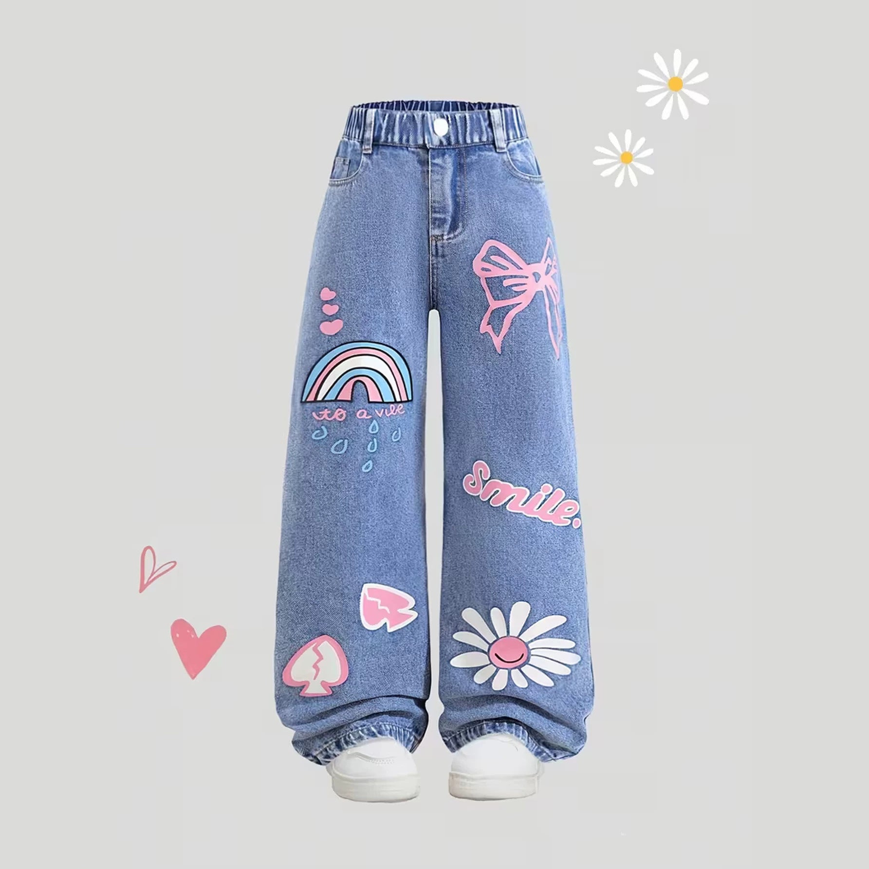 Solid Color Casual Denim Straight Pants For Girls In Blue Full Length Children's Denim Trousers