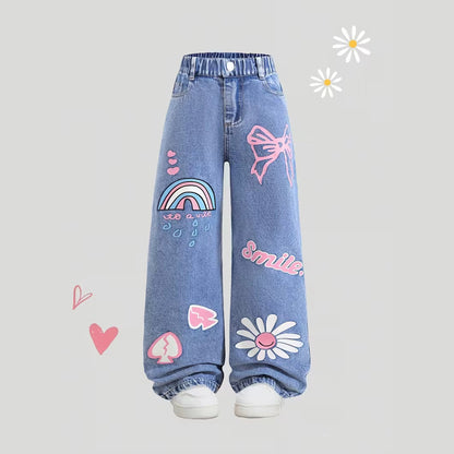 Solid Color Casual Denim Straight Pants For Girls In Blue Full Length Children's Denim Trousers