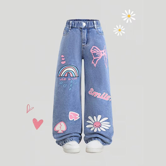 Solid Color Casual Denim Straight Pants For Girls In Blue Full Length Children's Denim Trousers