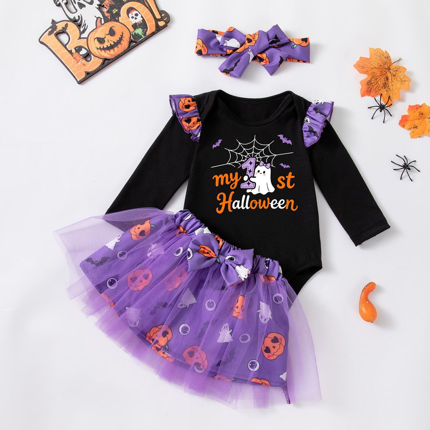 Halloween Cartoon Princess Polyester Skirt Co-ord Set For Girls, 3 Pieces Kids Clothing Set