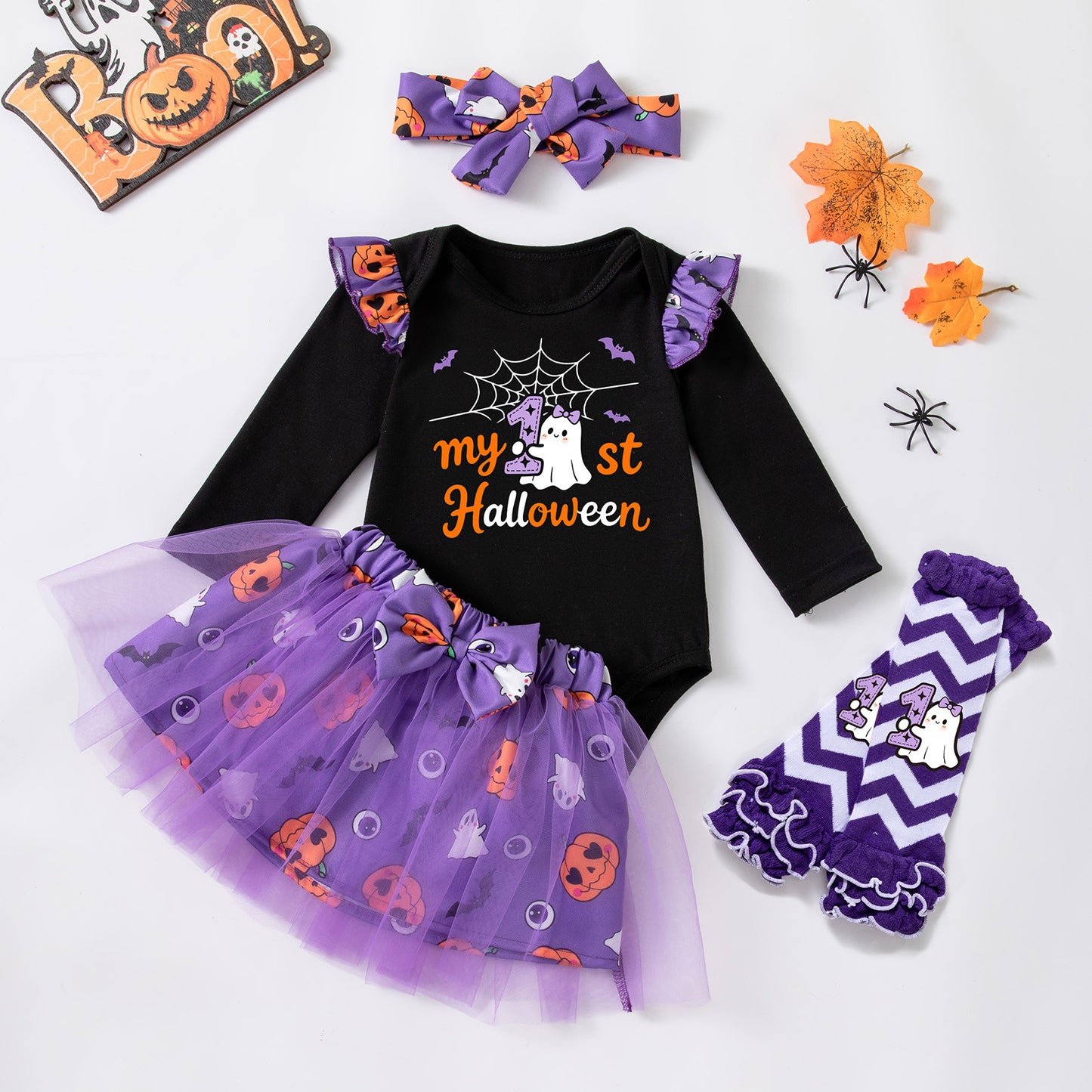Halloween Cartoon Princess Polyester Skirt Co-ord Set For Girls, 3 Pieces Kids Clothing Set