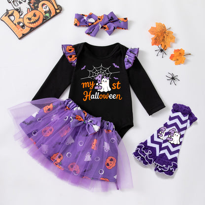 Halloween Cartoon Princess Polyester Skirt Co-ord Set For Girls, 3 Pieces Kids Clothing Set