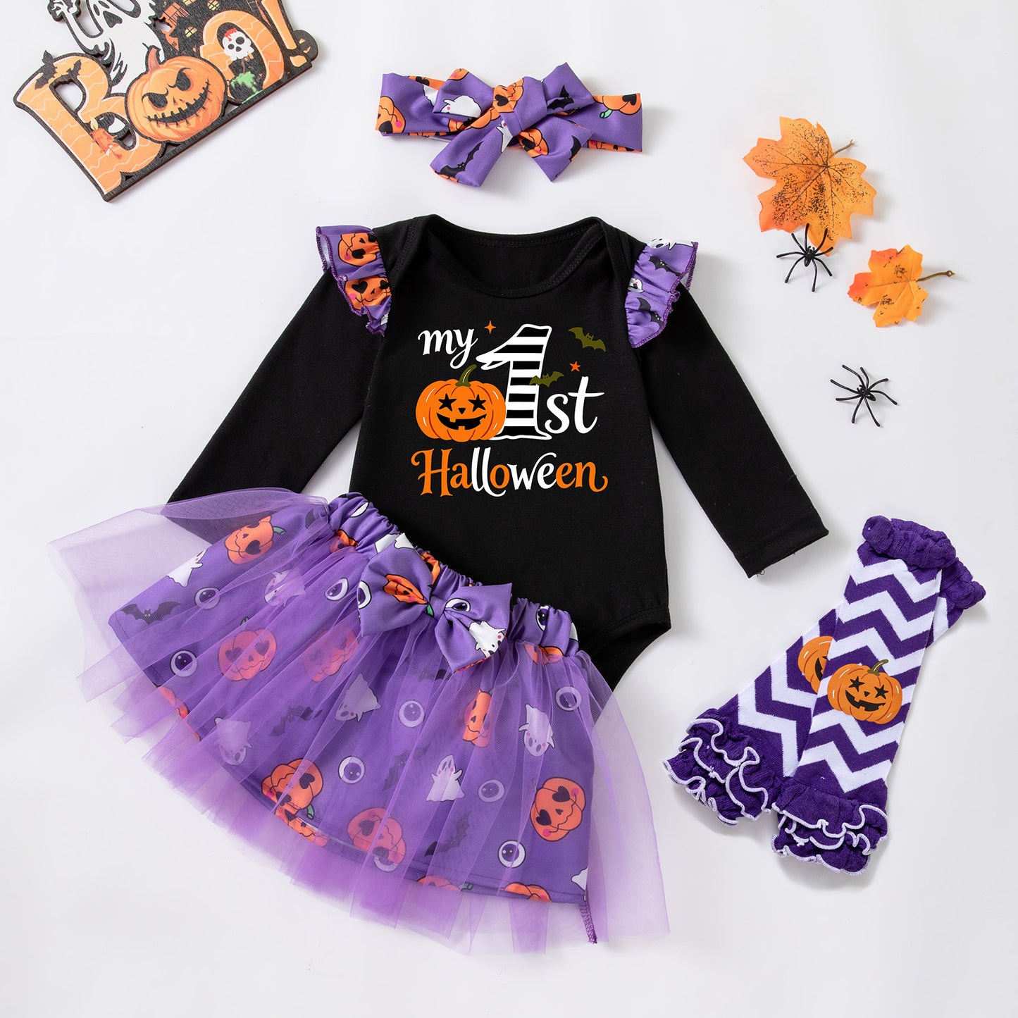 Halloween Cartoon Princess Polyester Skirt Co-ord Set For Girls, 3 Pieces Kids Clothing Set