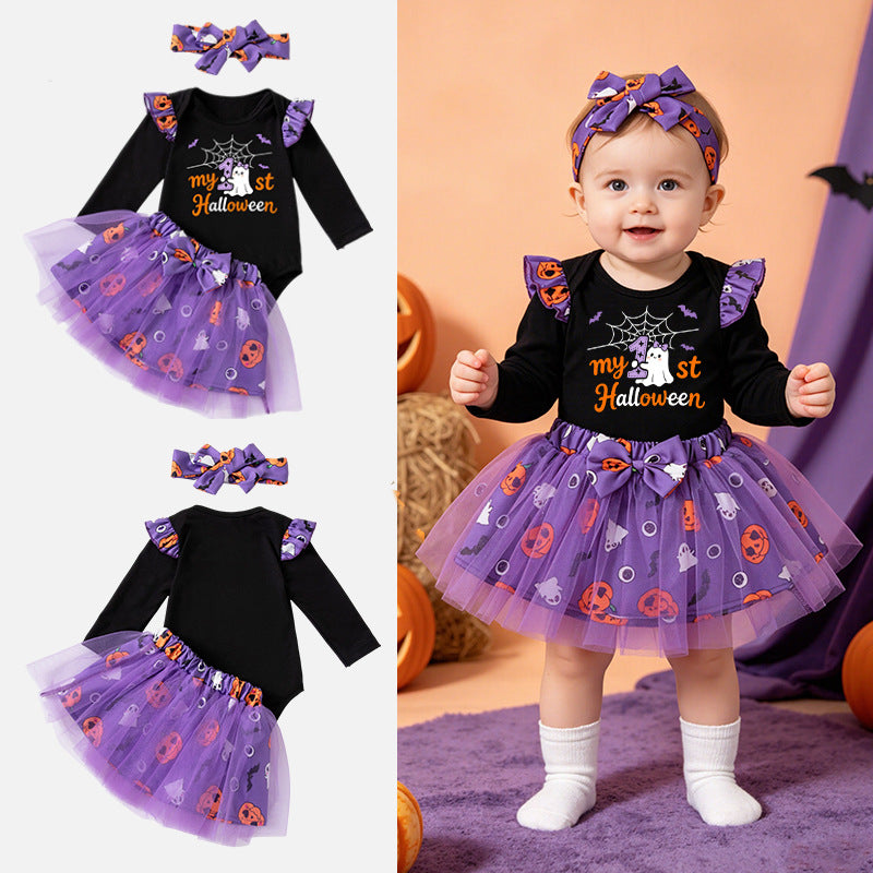 Halloween Cartoon Princess Polyester Skirt Co-ord Set For Girls, 3 Pieces Kids Clothing Set