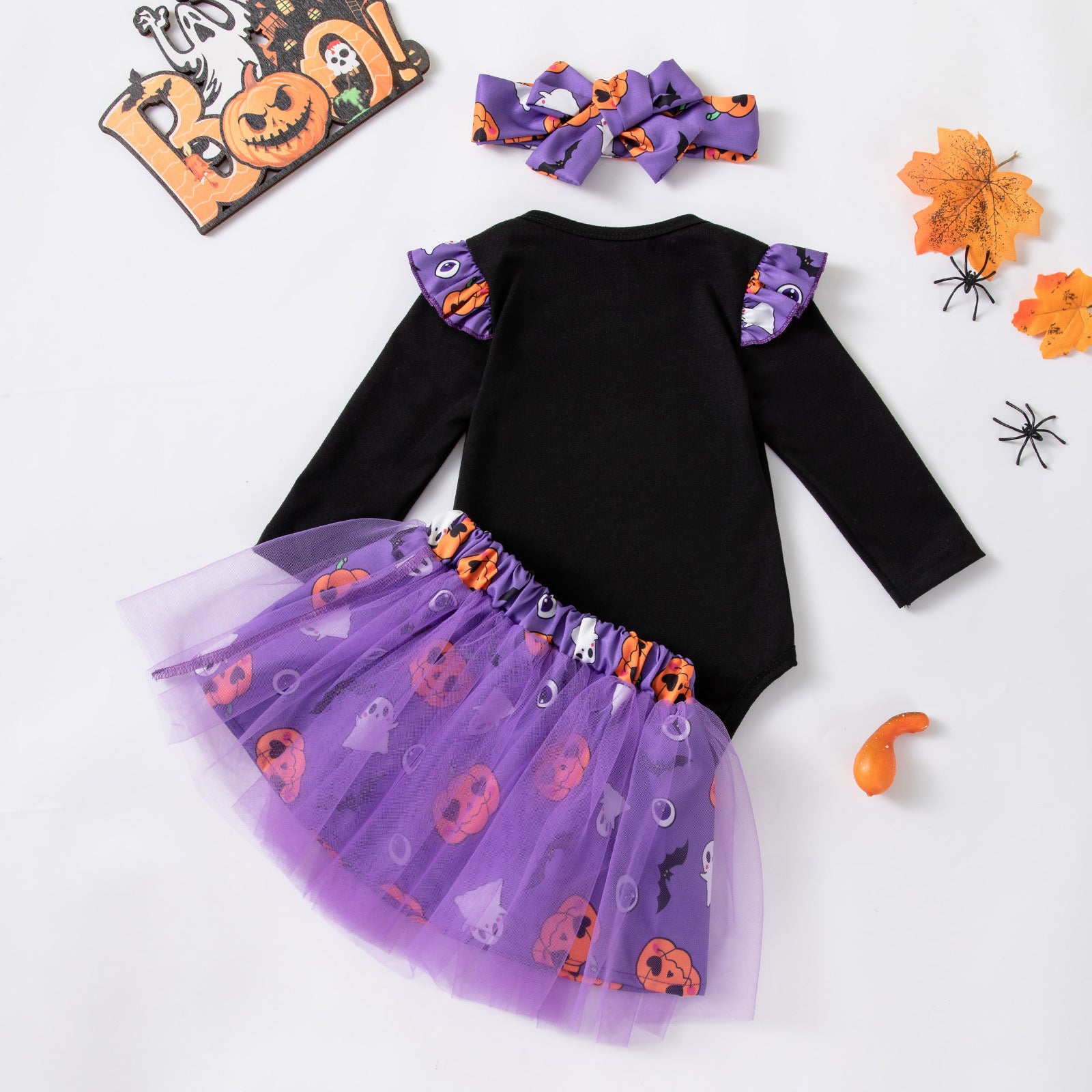 Halloween Cartoon Princess Polyester Skirt Co-ord Set For Girls, 3 Pieces Kids Clothing Set