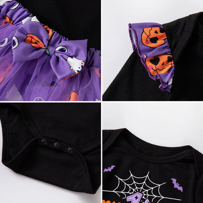 Halloween Cartoon Princess Polyester Skirt Co-ord Set For Girls, 3 Pieces Kids Clothing Set