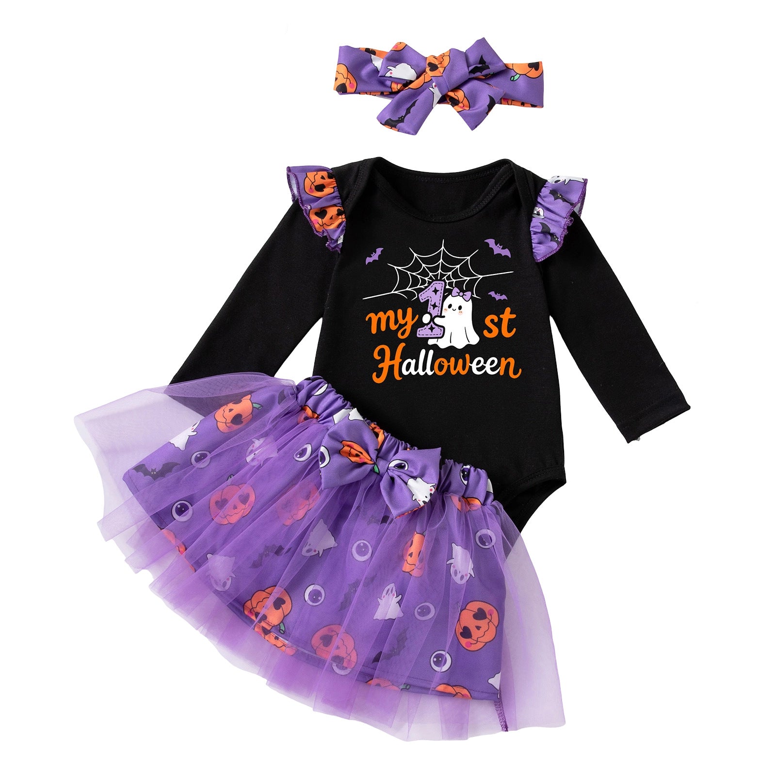 Halloween Cartoon Princess Polyester Skirt Co-ord Set For Girls, 3 Pieces Kids Clothing Set