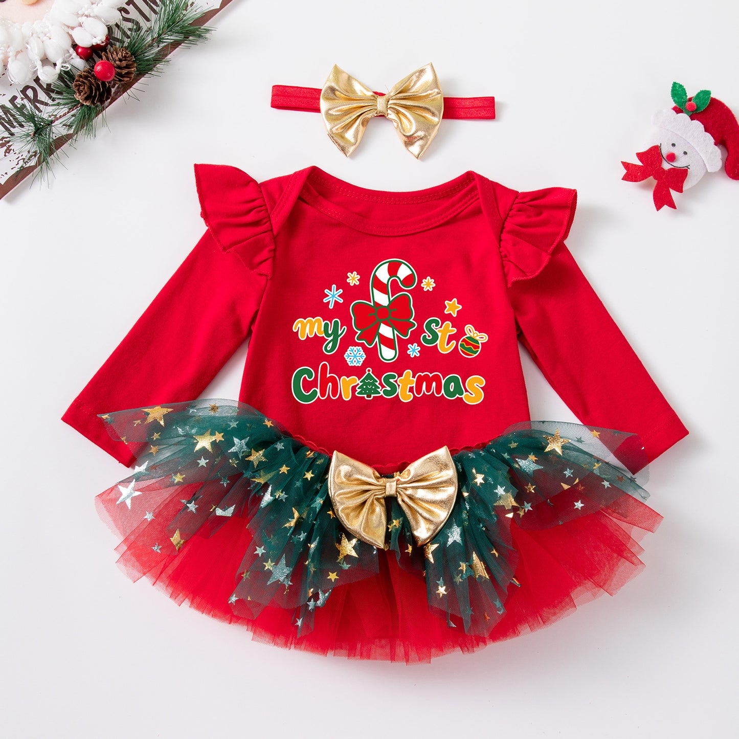 Christmas Cartoon Baby Girl's Skirt Co-ord Set In Cotton With Tulle Fabric For Festive Kids Clothing