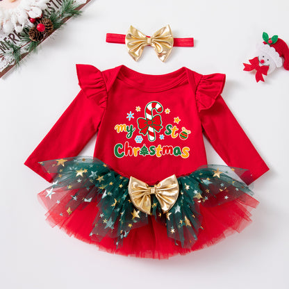 Christmas Cartoon Baby Girl's Skirt Co-ord Set In Cotton With Tulle Fabric For Festive Kids Clothing