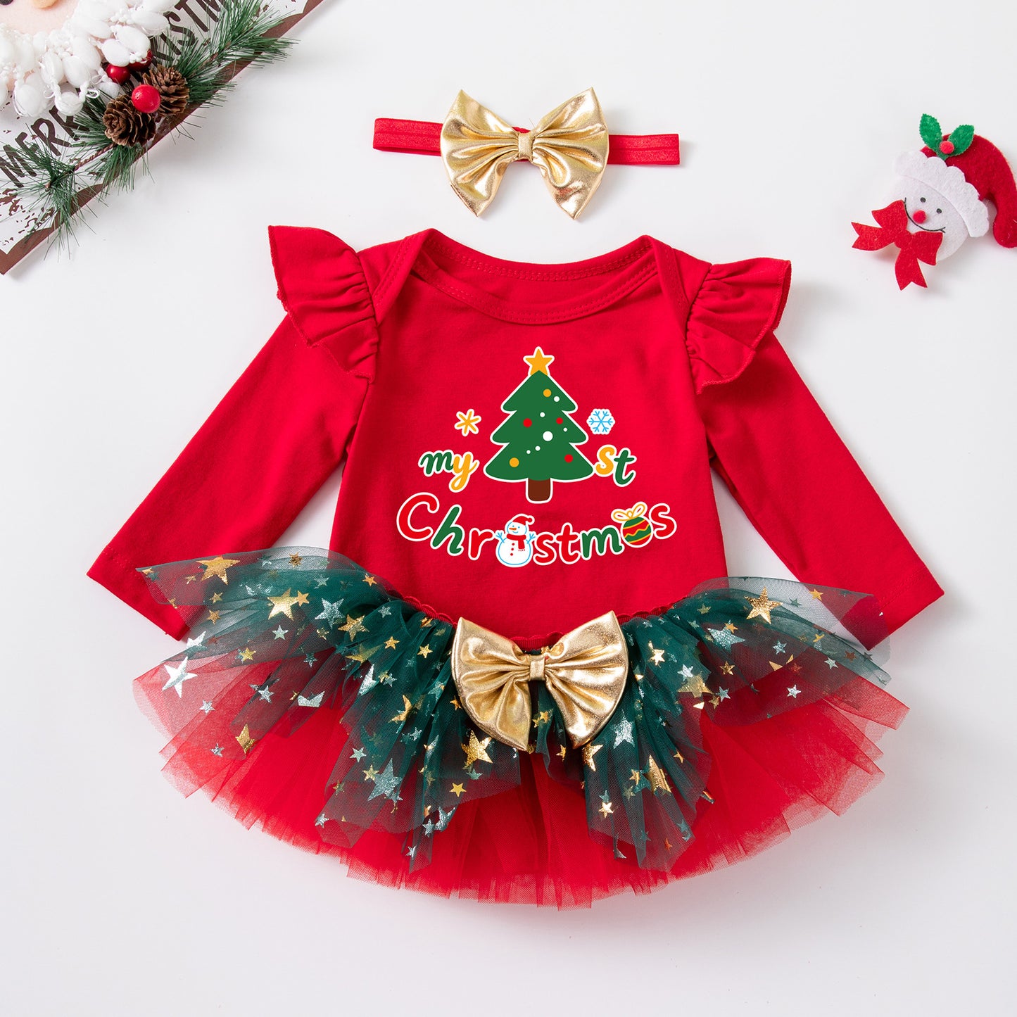 Christmas Cartoon Baby Girl's Skirt Co-ord Set In Cotton With Tulle Fabric For Festive Kids Clothing