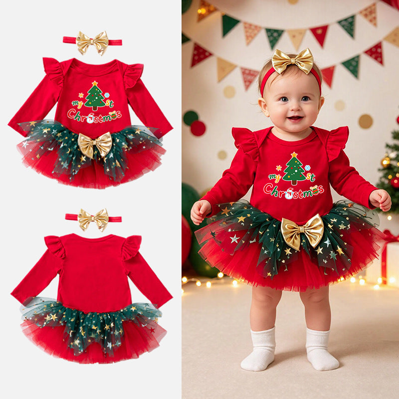 Christmas Cartoon Baby Girl's Skirt Co-ord Set In Cotton With Tulle Fabric For Festive Kids Clothing