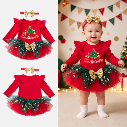 Christmas Cartoon Baby Girl's Skirt Co-ord Set In Cotton With Tulle Fabric For Festive Kids Clothing