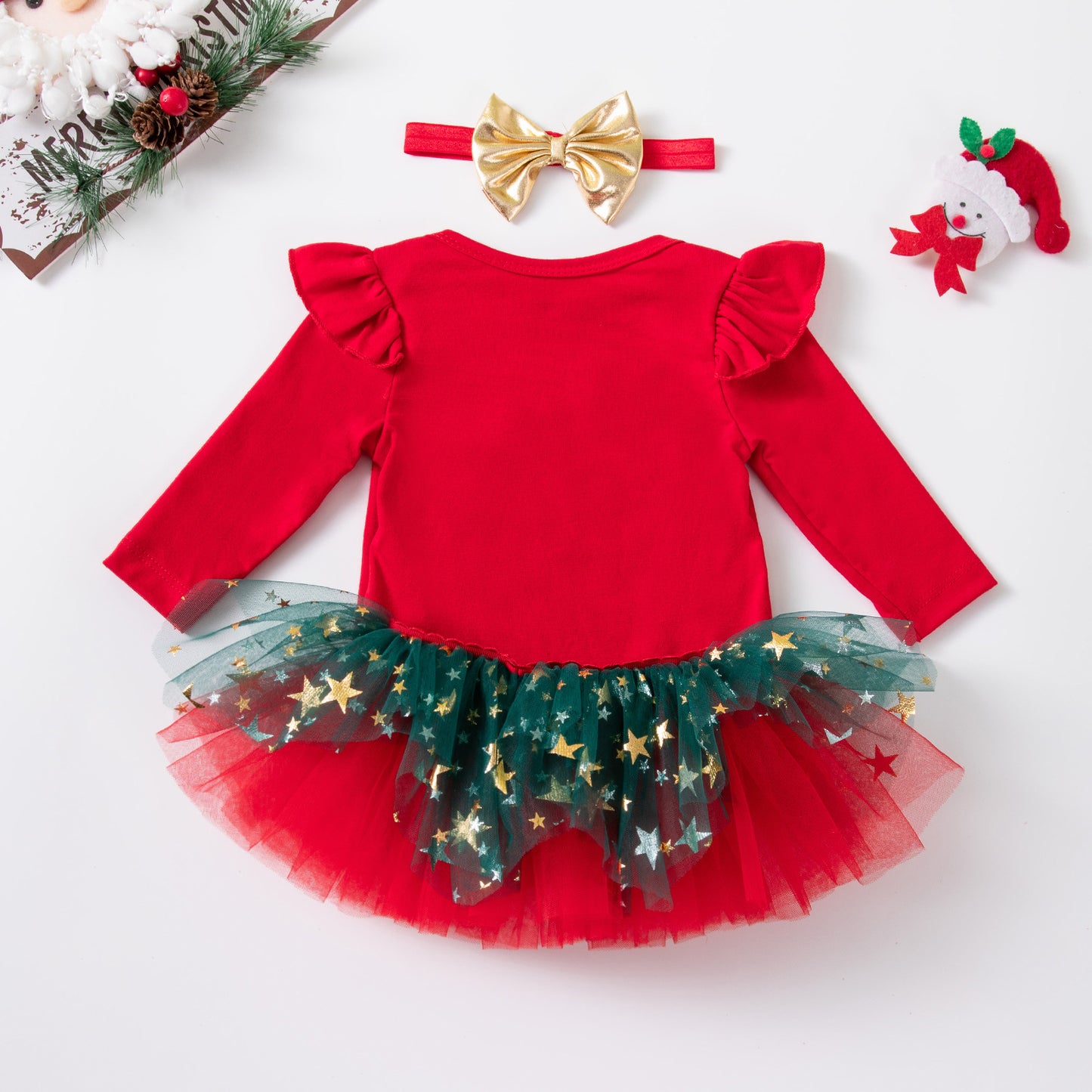 Christmas Cartoon Baby Girl's Skirt Co-ord Set In Cotton With Tulle Fabric For Festive Kids Clothing