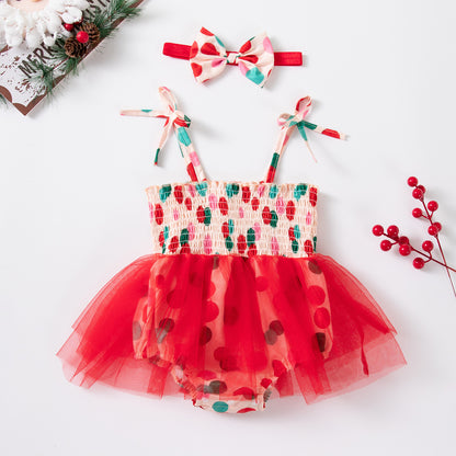Christmas Baby Girl's Romper In Polyester With Mesh Fabric, Perfect Festival Outfit For Baby 0-2 Years