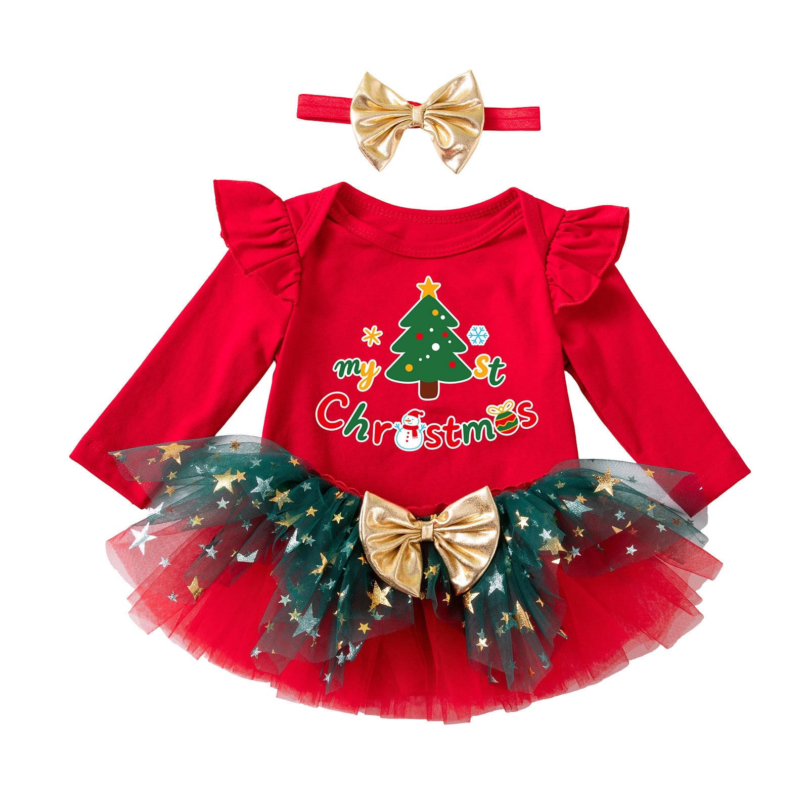 Christmas Cartoon Baby Girl's Skirt Co-ord Set In Cotton With Tulle Fabric For Festive Kids Clothing