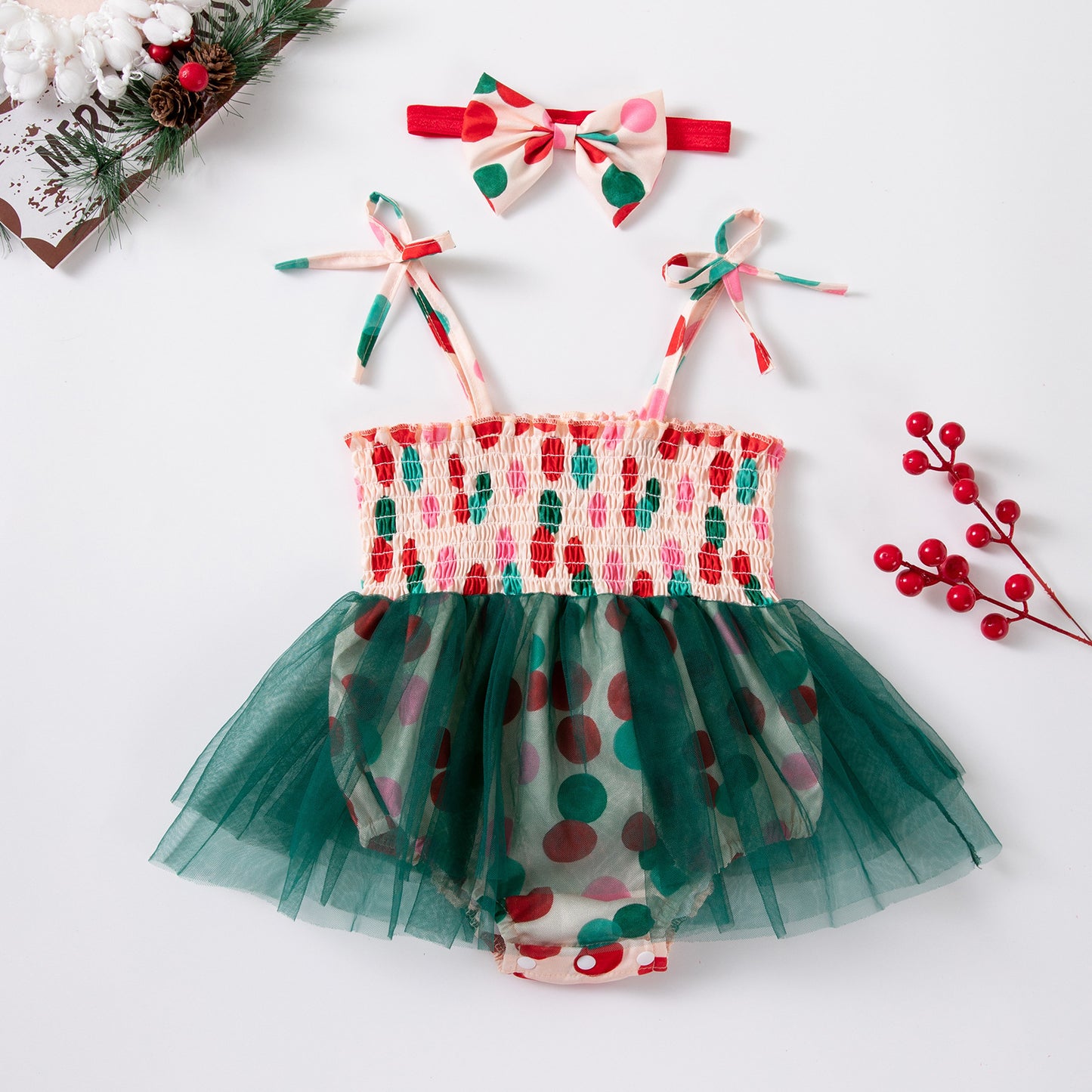Christmas Baby Girl's Romper In Polyester With Mesh Fabric, Perfect Festival Outfit For Baby 0-2 Years