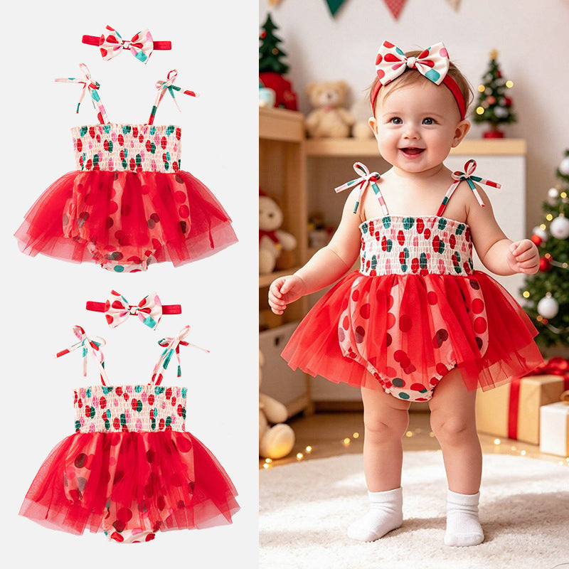 Christmas Baby Girl's Romper In Polyester With Mesh Fabric, Perfect Festival Outfit For Baby 0-2 Years