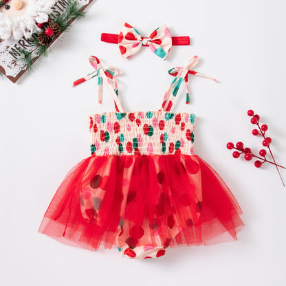Christmas Baby Girl's Romper In Polyester With Mesh Fabric, Perfect Festival Outfit For Baby 0-2 Years