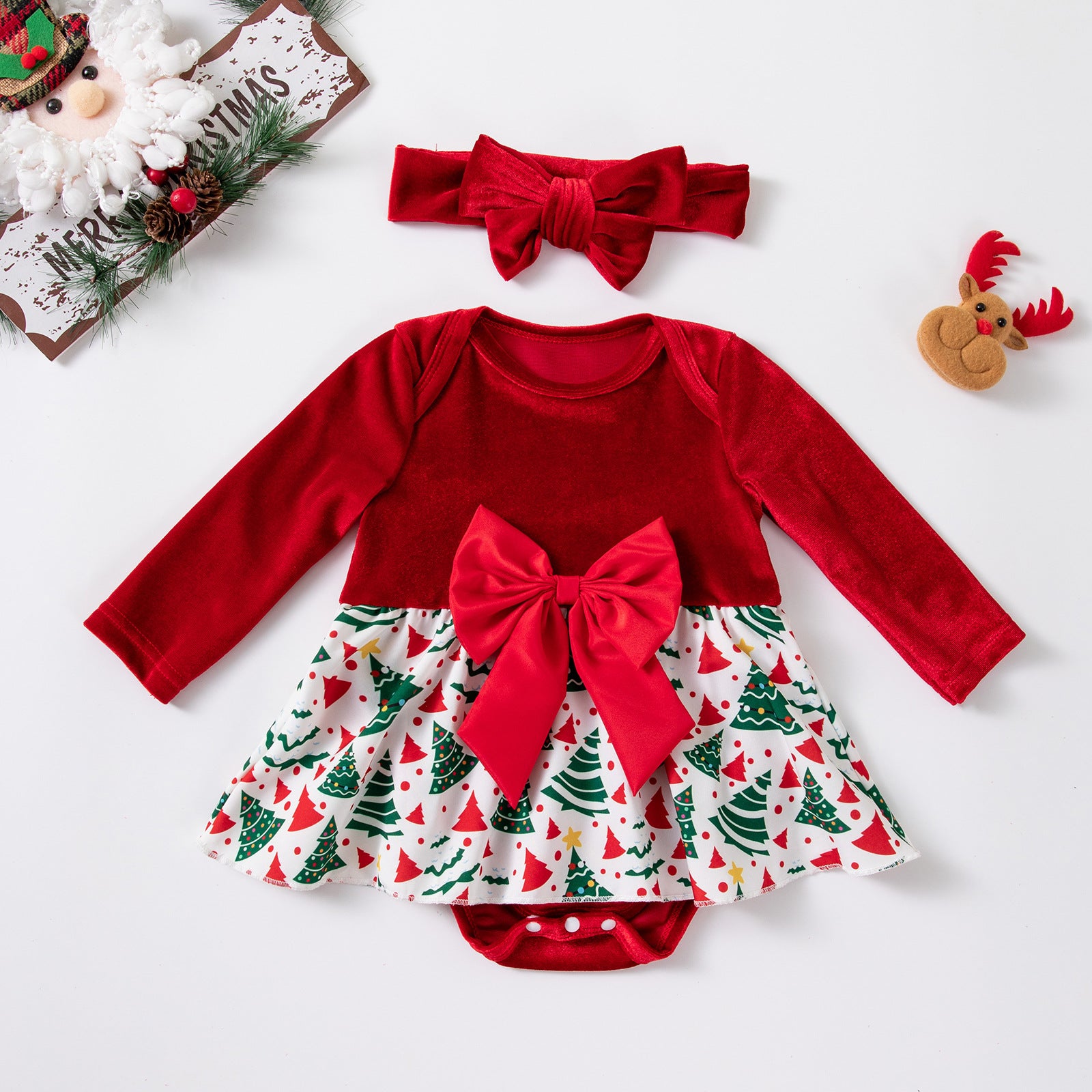 Christmas Polyester Romper For Baby Girl In Beige, Perfect Holiday Outfit For Baby 0-2 Years