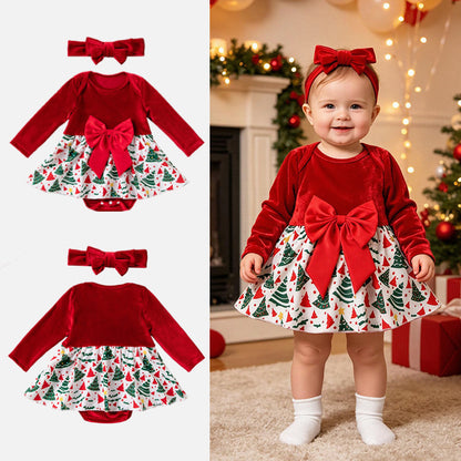 Christmas Polyester Romper For Baby Girl In Beige, Perfect Holiday Outfit For Baby 0-2 Years