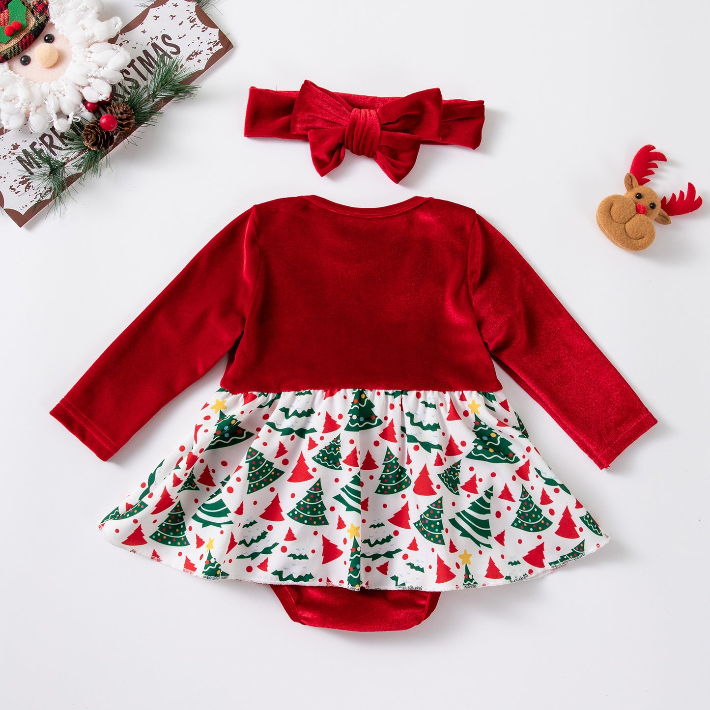 Christmas Polyester Romper For Baby Girl In Beige, Perfect Holiday Outfit For Baby 0-2 Years