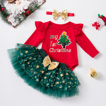 Christmas Cartoon Cotton Tulle Skirt Co-ord Set For Girls, Festive Kids Clothing Featuring Soft Fabric
