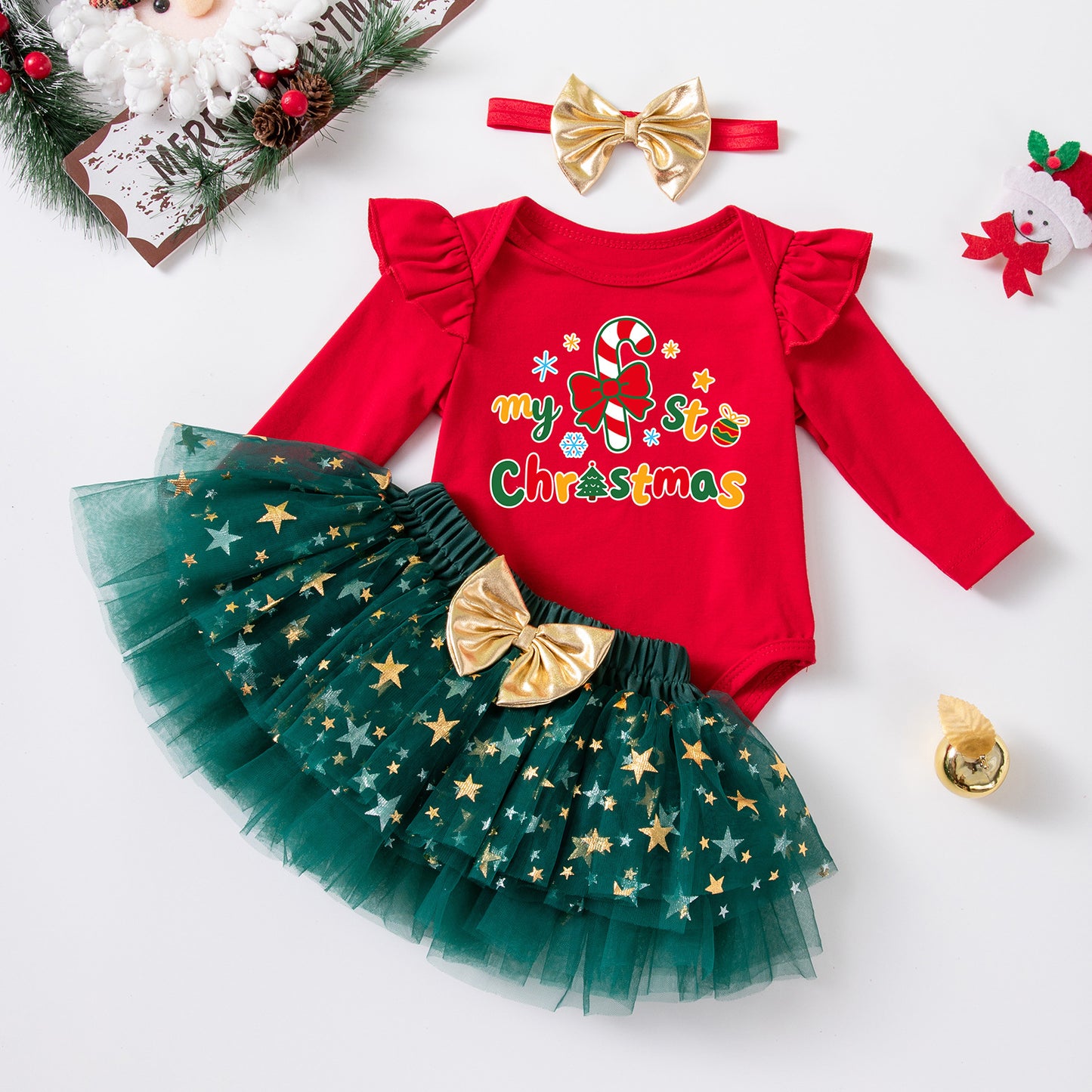Christmas Cartoon Cotton Tulle Skirt Co-ord Set For Girls, Festive Kids Clothing Featuring Soft Fabric
