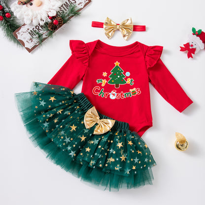 Christmas Cartoon Cotton Tulle Skirt Co-ord Set For Girls, Festive Kids Clothing Featuring Soft Fabric