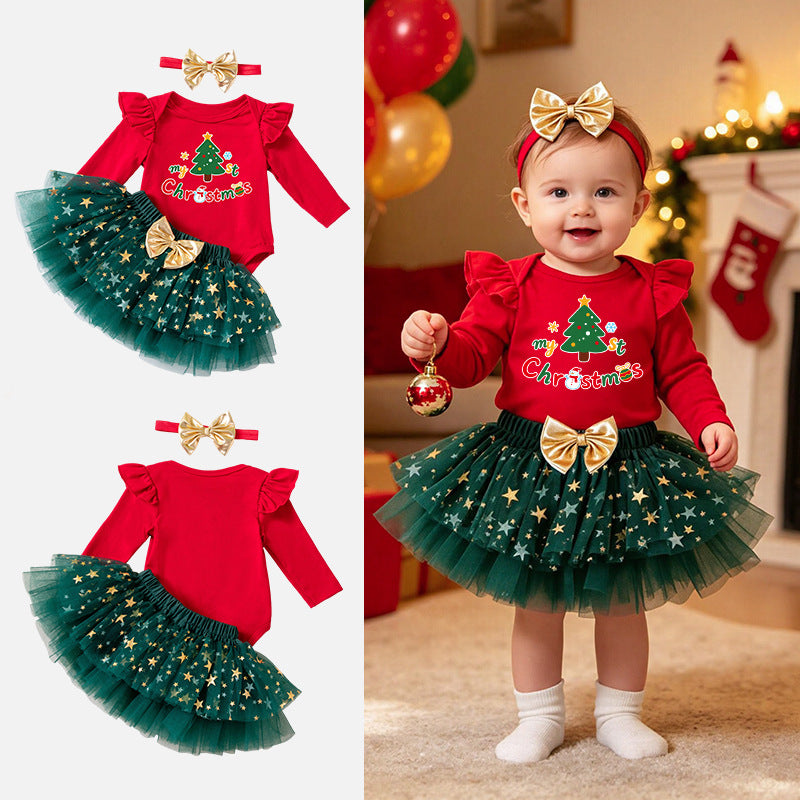 Christmas Cartoon Cotton Tulle Skirt Co-ord Set For Girls, Festive Kids Clothing Featuring Soft Fabric