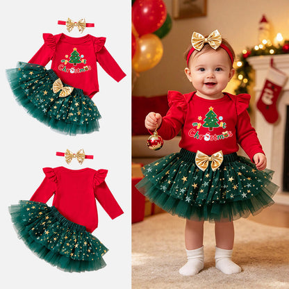 Christmas Cartoon Cotton Tulle Skirt Co-ord Set For Girls, Festive Kids Clothing Featuring Soft Fabric