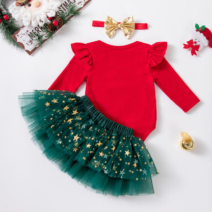 Christmas Cartoon Cotton Tulle Skirt Co-ord Set For Girls, Festive Kids Clothing Featuring Soft Fabric