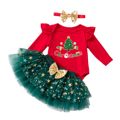 Christmas Cartoon Cotton Tulle Skirt Co-ord Set For Girls, Festive Kids Clothing Featuring Soft Fabric