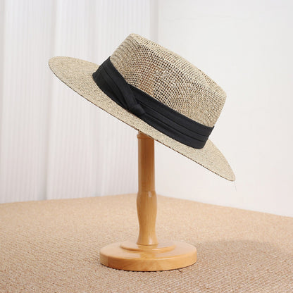Women’s Solid Color Straw Vacation Hat With Curved Brim Featuring Hollow Out Design And UV Protection